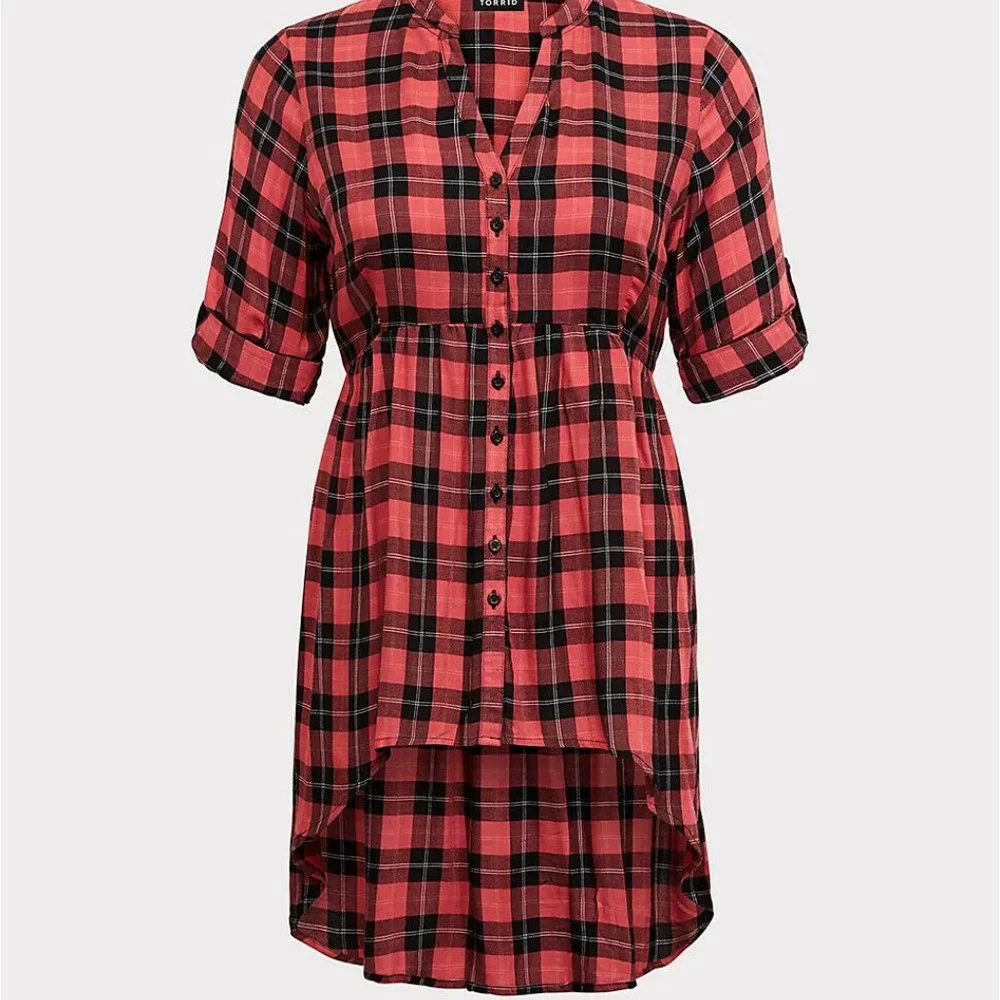 Torrid Lexie Plaid Hi-Lo Challis Tunic Red Black Women's Plus Size 3 3X H11863 - Picture 10 of 11